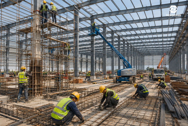 Thi công nhà xưởng là quá trình triển khai xây dựng một công trình công nghiệp theo hồ sơ thiết kế