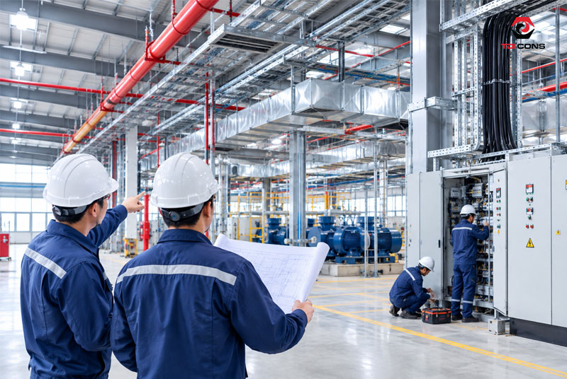 Nhà thầu cơ điện nhà xưởng chịu trách nhiệm thiết kế, cung cấp vật tư, thi công, lắp đặt và vận hành thử các hệ thống kỹ thuật M&E trong nhà máy